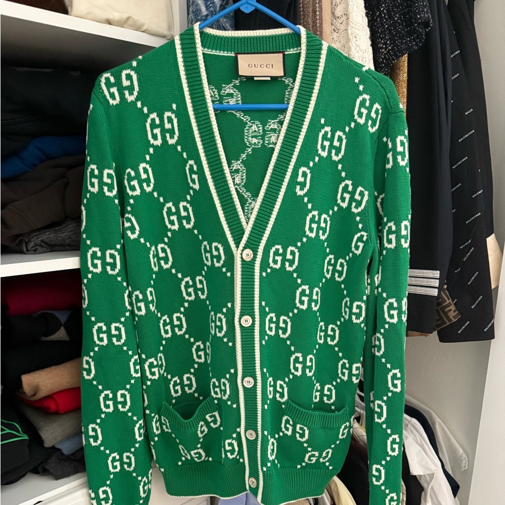 Gucci Green/ White GG embossed Knit v - neck cardigan with Gucci printed buttons